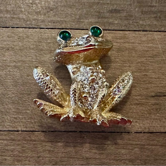 Gorgeous Piscitelli Vintage Pave Crystal Frog Brooch Pin Green Eyes - Picture 3 of 7
